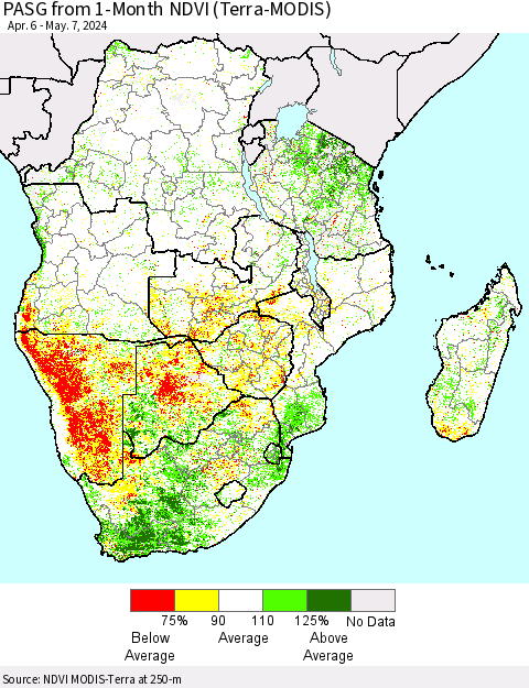 Southern Africa PASG from 1-Month NDVI (Terra-MODIS) Thematic Map For 4/30/2024 - 5/7/2024