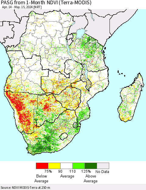 Southern Africa PASG from 1-Month NDVI (Terra-MODIS) Thematic Map For 5/8/2024 - 5/15/2024