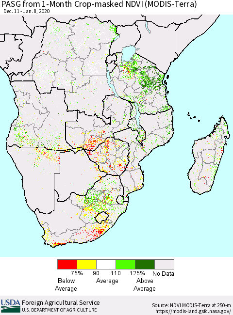 Southern Africa PASG from 1-Month Cropland NDVI (Terra-MODIS) Thematic Map For 1/1/2020 - 1/10/2020