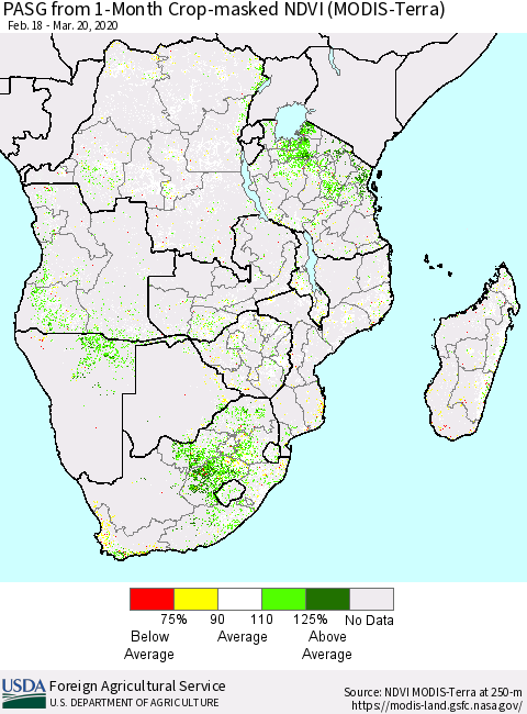 Southern Africa PASG from 1-Month Cropland NDVI (Terra-MODIS) Thematic Map For 3/11/2020 - 3/20/2020