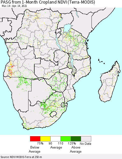Southern Africa PASG from 1-Month Cropland NDVI (Terra-MODIS) Thematic Map For 4/7/2021 - 4/14/2021