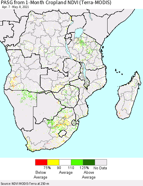 Southern Africa PASG from 1-Month Cropland NDVI (Terra-MODIS) Thematic Map For 5/1/2021 - 5/8/2021