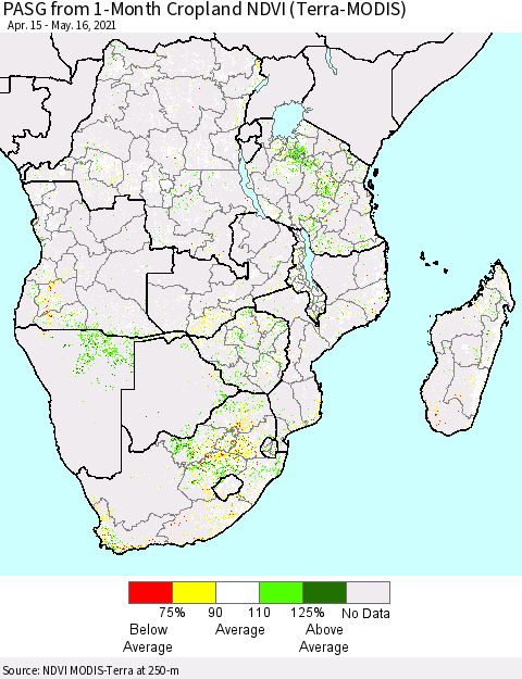 Southern Africa PASG from 1-Month Cropland NDVI (Terra-MODIS) Thematic Map For 5/9/2021 - 5/16/2021