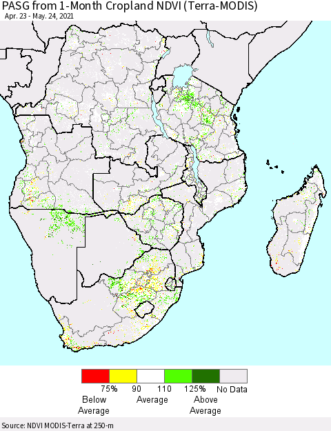 Southern Africa PASG from 1-Month Cropland NDVI (Terra-MODIS) Thematic Map For 5/17/2021 - 5/24/2021