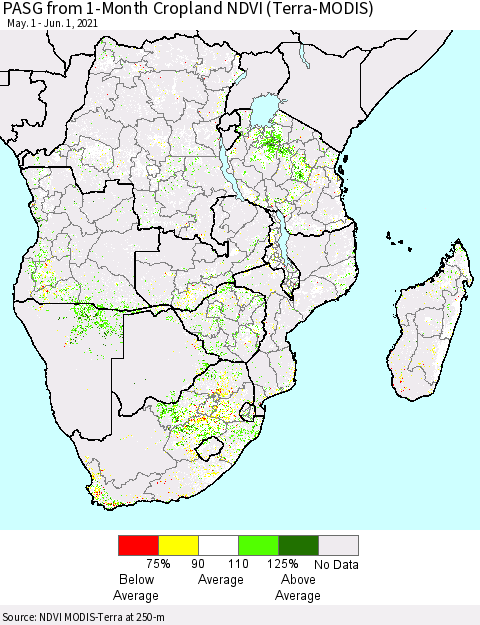 Southern Africa PASG from 1-Month Cropland NDVI (Terra-MODIS) Thematic Map For 5/25/2021 - 6/1/2021