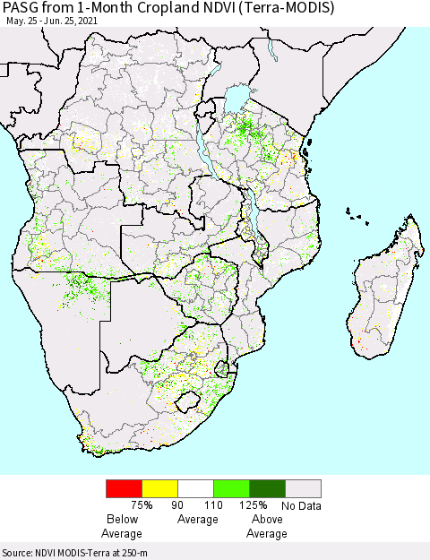 Southern Africa PASG from 1-Month Cropland NDVI (Terra-MODIS) Thematic Map For 6/18/2021 - 6/25/2021