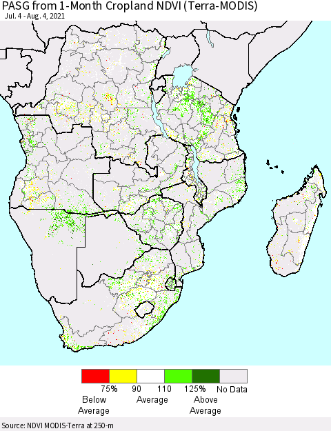 Southern Africa PASG from 1-Month Cropland NDVI (Terra-MODIS) Thematic Map For 7/28/2021 - 8/4/2021