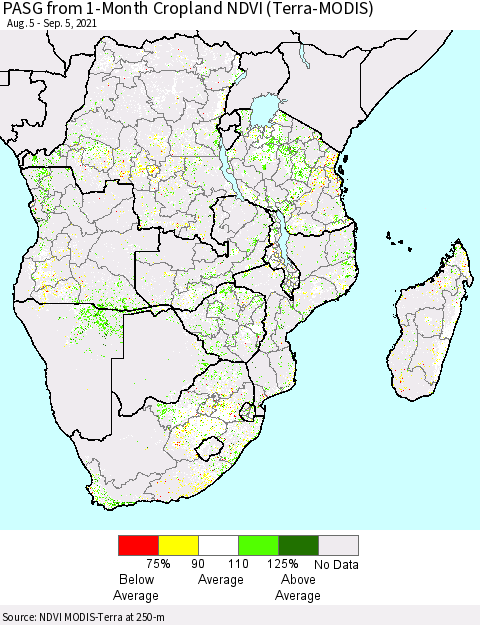 Southern Africa PASG from 1-Month Cropland NDVI (Terra-MODIS) Thematic Map For 8/29/2021 - 9/5/2021