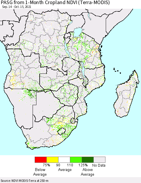 Southern Africa PASG from 1-Month Cropland NDVI (Terra-MODIS) Thematic Map For 10/8/2021 - 10/15/2021