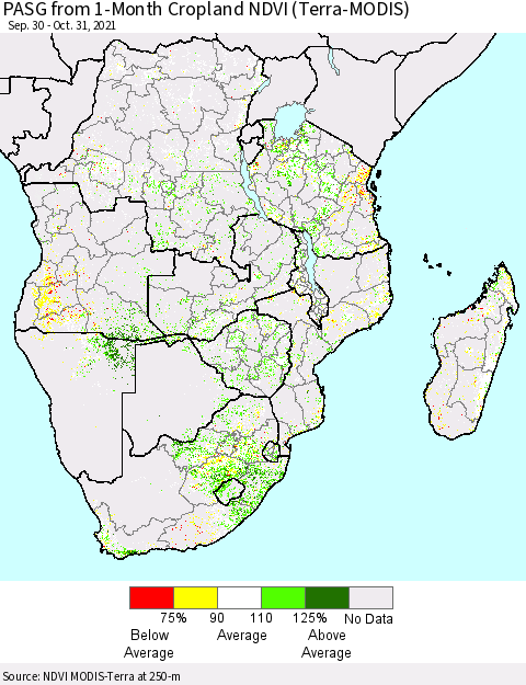 Southern Africa PASG from 1-Month Cropland NDVI (Terra-MODIS) Thematic Map For 10/24/2021 - 10/31/2021