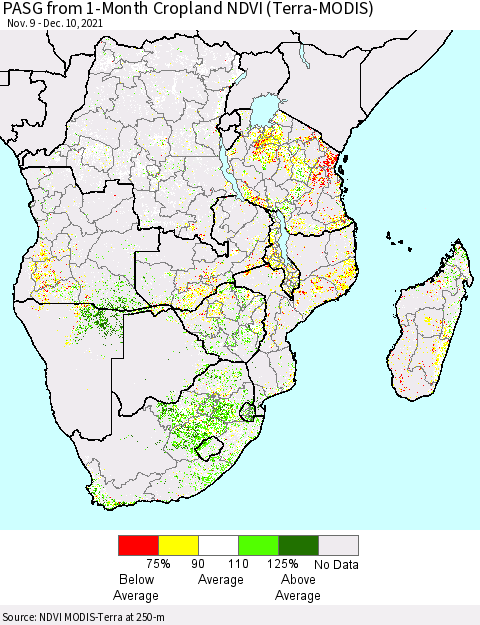 Southern Africa PASG from 1-Month Cropland NDVI (Terra-MODIS) Thematic Map For 12/3/2021 - 12/10/2021
