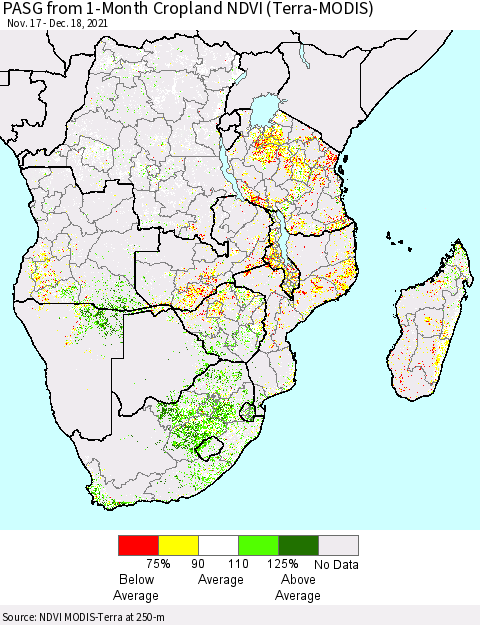 Southern Africa PASG from 1-Month Cropland NDVI (Terra-MODIS) Thematic Map For 12/11/2021 - 12/18/2021