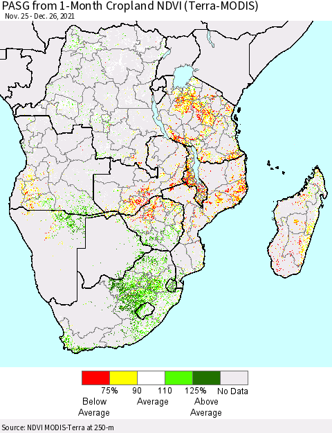 Southern Africa PASG from 1-Month Cropland NDVI (Terra-MODIS) Thematic Map For 12/19/2021 - 12/26/2021