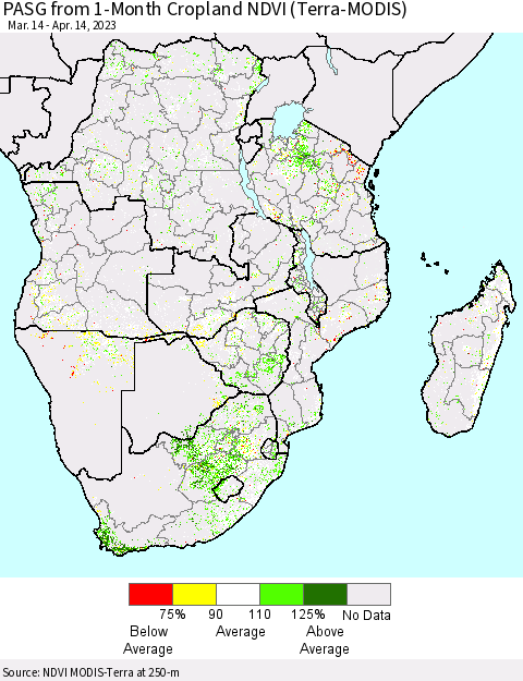 Southern Africa PASG from 1-Month Cropland NDVI (Terra-MODIS) Thematic Map For 4/7/2023 - 4/14/2023