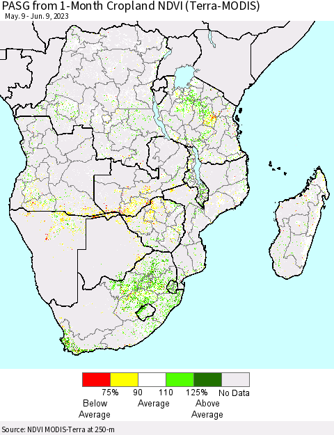 Southern Africa PASG from 1-Month Cropland NDVI (Terra-MODIS) Thematic Map For 6/2/2023 - 6/9/2023