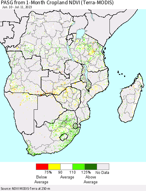 Southern Africa PASG from 1-Month Cropland NDVI (Terra-MODIS) Thematic Map For 7/4/2023 - 7/11/2023