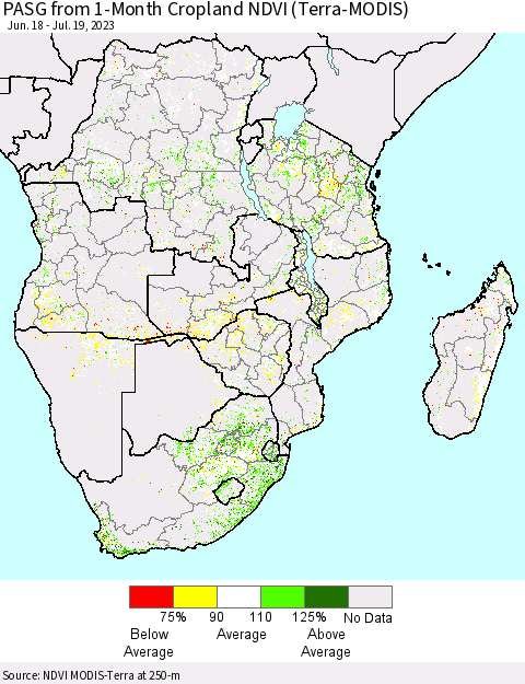Southern Africa PASG from 1-Month Cropland NDVI (Terra-MODIS) Thematic Map For 7/12/2023 - 7/19/2023