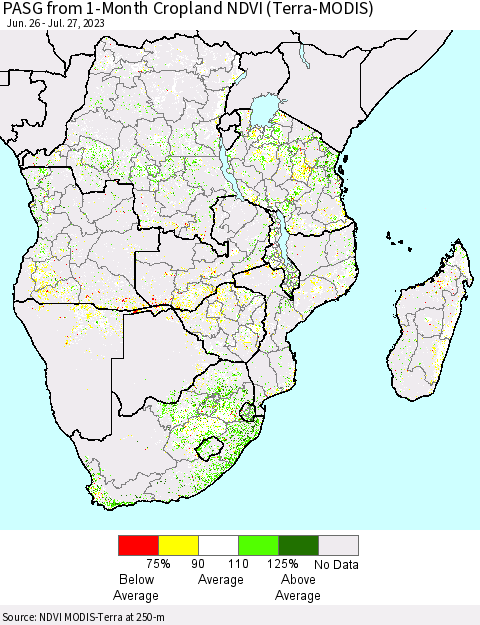 Southern Africa PASG from 1-Month Cropland NDVI (Terra-MODIS) Thematic Map For 7/20/2023 - 7/27/2023