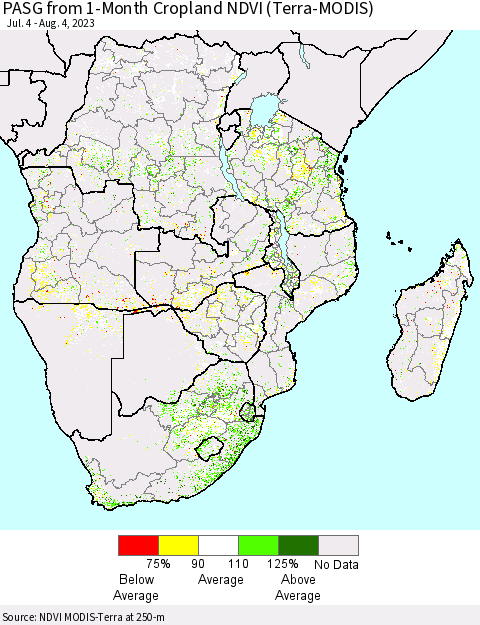 Southern Africa PASG from 1-Month Cropland NDVI (Terra-MODIS) Thematic Map For 7/28/2023 - 8/4/2023