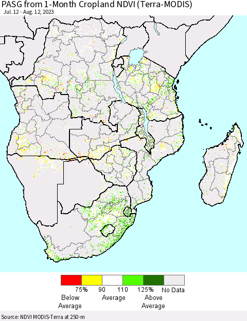 Southern Africa PASG from 1-Month Cropland NDVI (Terra-MODIS) Thematic Map For 8/5/2023 - 8/12/2023