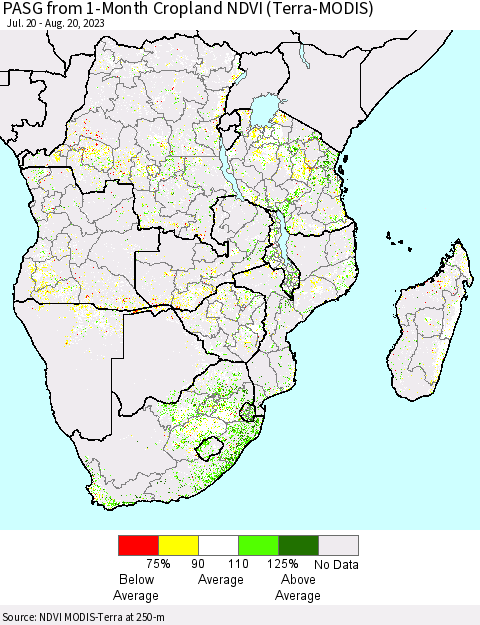 Southern Africa PASG from 1-Month Cropland NDVI (Terra-MODIS) Thematic Map For 8/13/2023 - 8/20/2023