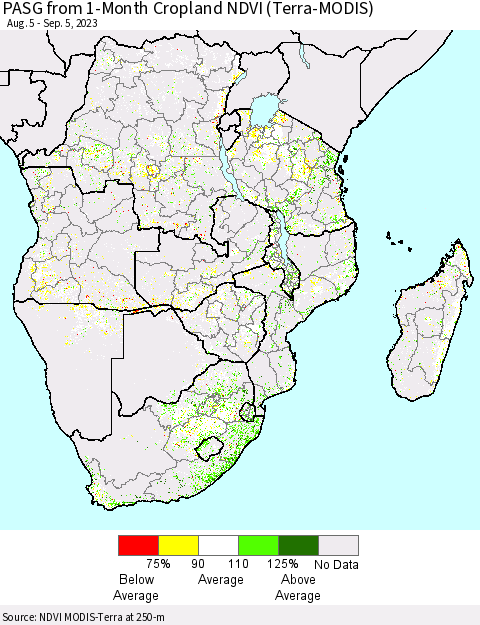 Southern Africa PASG from 1-Month Cropland NDVI (Terra-MODIS) Thematic Map For 8/29/2023 - 9/5/2023