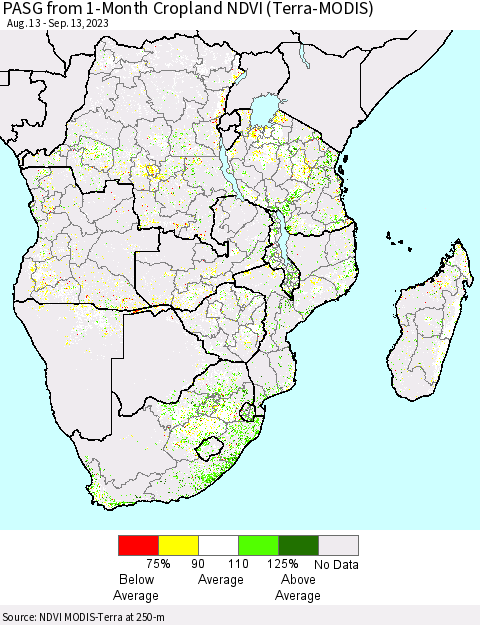 Southern Africa PASG from 1-Month Cropland NDVI (Terra-MODIS) Thematic Map For 9/6/2023 - 9/13/2023