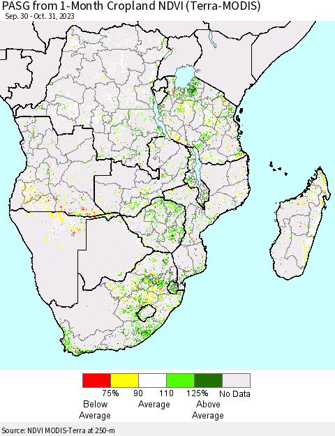Southern Africa PASG from 1-Month Cropland NDVI (Terra-MODIS) Thematic Map For 10/24/2023 - 10/31/2023