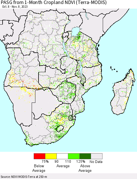 Southern Africa PASG from 1-Month Cropland NDVI (Terra-MODIS) Thematic Map For 11/1/2023 - 11/8/2023