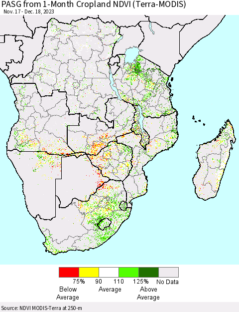 Southern Africa PASG from 1-Month Cropland NDVI (Terra-MODIS) Thematic Map For 12/11/2023 - 12/18/2023