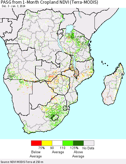 Southern Africa PASG from 1-Month Cropland NDVI (Terra-MODIS) Thematic Map For 12/27/2023 - 1/3/2024