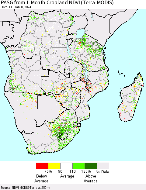 Southern Africa PASG from 1-Month Cropland NDVI (Terra-MODIS) Thematic Map For 1/1/2024 - 1/8/2024
