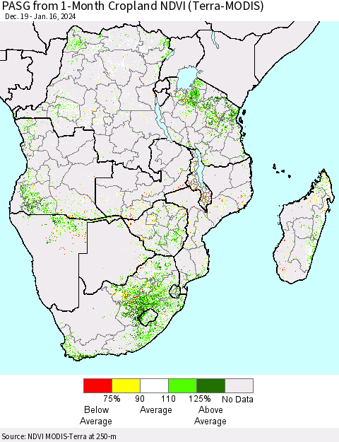 Southern Africa PASG from 1-Month Cropland NDVI (Terra-MODIS) Thematic Map For 1/9/2024 - 1/16/2024