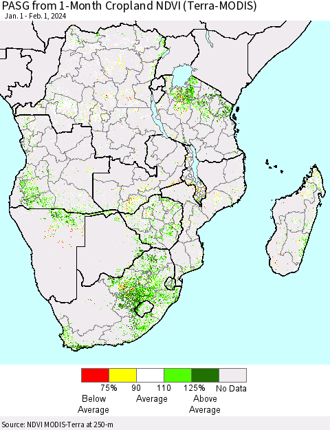 Southern Africa PASG from 1-Month Cropland NDVI (Terra-MODIS) Thematic Map For 1/25/2024 - 2/1/2024
