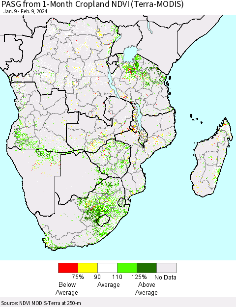 Southern Africa PASG from 1-Month Cropland NDVI (Terra-MODIS) Thematic Map For 2/2/2024 - 2/9/2024