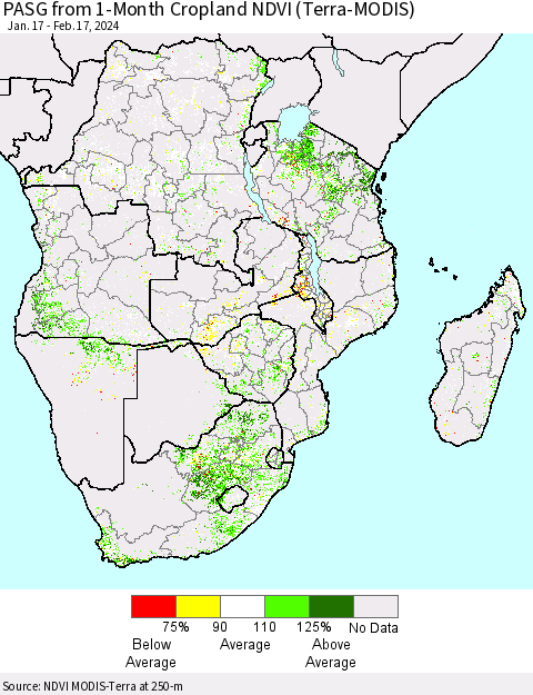 Southern Africa PASG from 1-Month Cropland NDVI (Terra-MODIS) Thematic Map For 2/10/2024 - 2/17/2024
