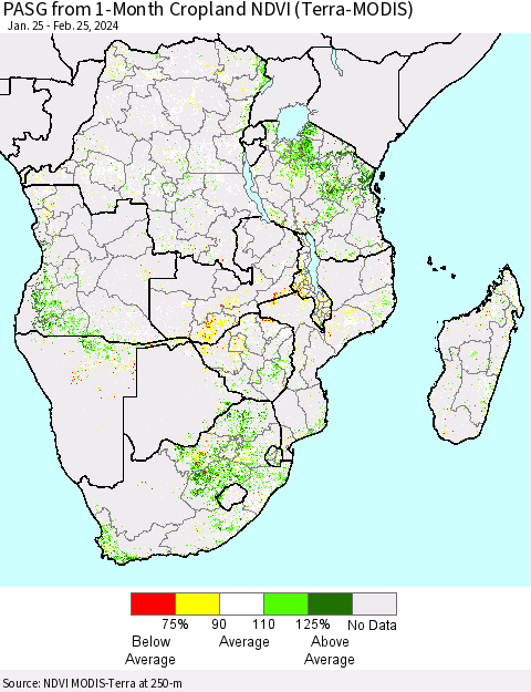 Southern Africa PASG from 1-Month Cropland NDVI (Terra-MODIS) Thematic Map For 2/18/2024 - 2/25/2024