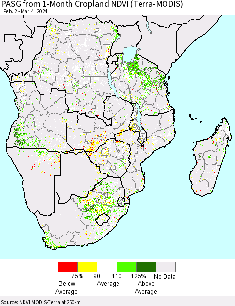 Southern Africa PASG from 1-Month Cropland NDVI (Terra-MODIS) Thematic Map For 2/26/2024 - 3/4/2024