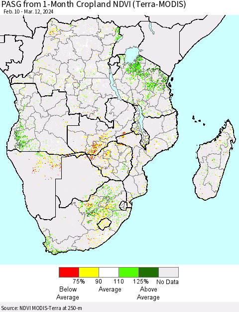 Southern Africa PASG from 1-Month Cropland NDVI (Terra-MODIS) Thematic Map For 3/5/2024 - 3/12/2024