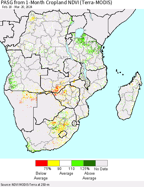 Southern Africa PASG from 1-Month Cropland NDVI (Terra-MODIS) Thematic Map For 3/13/2024 - 3/20/2024