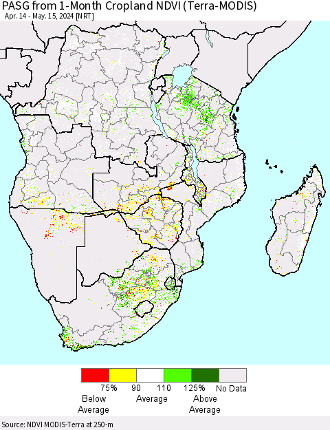 Southern Africa PASG from 1-Month Cropland NDVI (Terra-MODIS) Thematic Map For 5/8/2024 - 5/15/2024