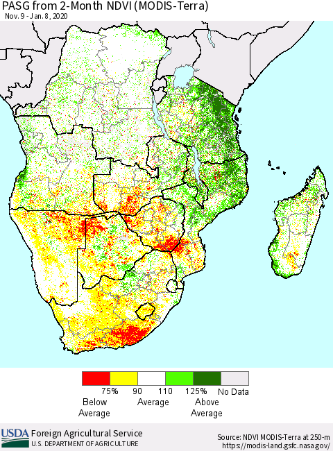 Southern Africa PASG from 2-Month NDVI (Terra-MODIS) Thematic Map For 1/1/2020 - 1/10/2020