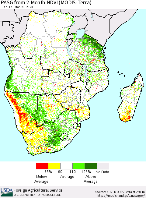 Southern Africa PASG from 2-Month NDVI (Terra-MODIS) Thematic Map For 3/11/2020 - 3/20/2020