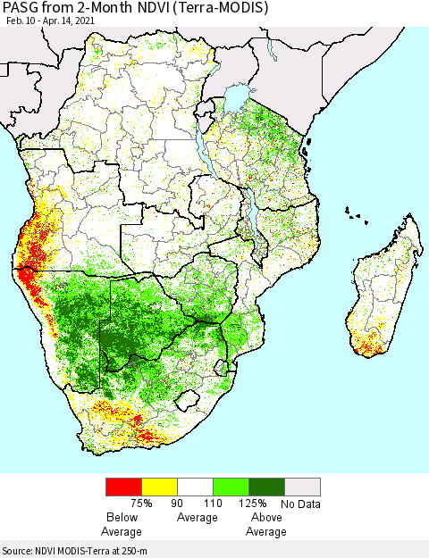 Southern Africa PASG from 2-Month NDVI (Terra-MODIS) Thematic Map For 4/7/2021 - 4/14/2021