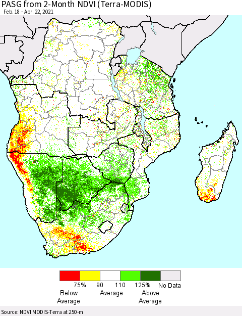 Southern Africa PASG from 2-Month NDVI (Terra-MODIS) Thematic Map For 4/15/2021 - 4/22/2021