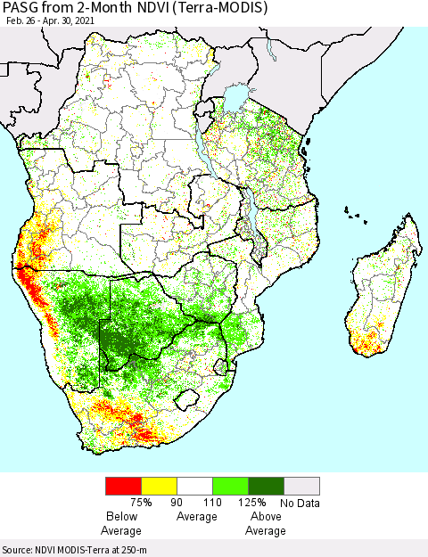 Southern Africa PASG from 2-Month NDVI (Terra-MODIS) Thematic Map For 4/23/2021 - 4/30/2021