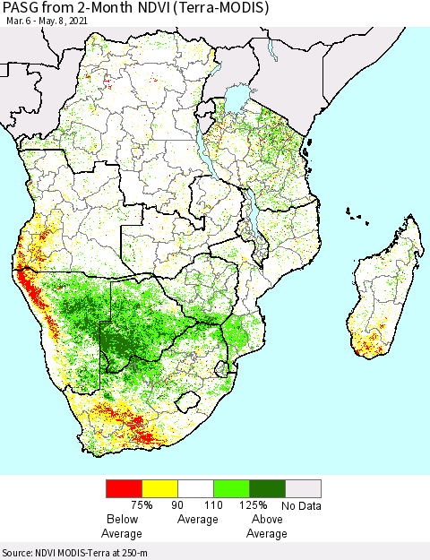 Southern Africa PASG from 2-Month NDVI (Terra-MODIS) Thematic Map For 5/1/2021 - 5/8/2021