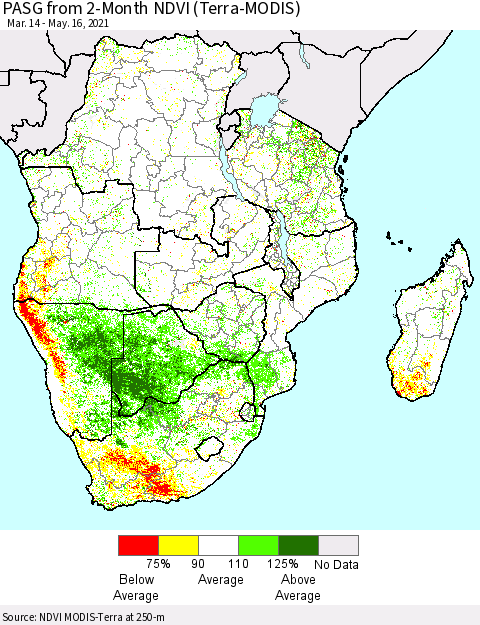 Southern Africa PASG from 2-Month NDVI (Terra-MODIS) Thematic Map For 5/9/2021 - 5/16/2021