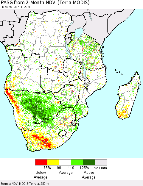 Southern Africa PASG from 2-Month NDVI (Terra-MODIS) Thematic Map For 5/25/2021 - 6/1/2021
