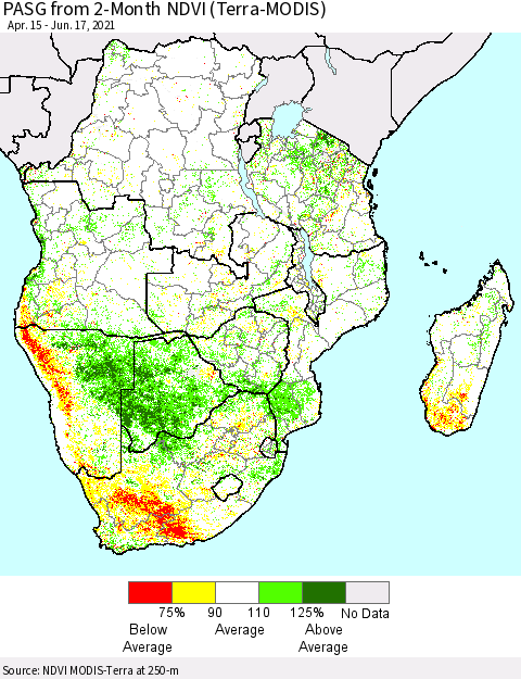 Southern Africa PASG from 2-Month NDVI (Terra-MODIS) Thematic Map For 6/10/2021 - 6/17/2021